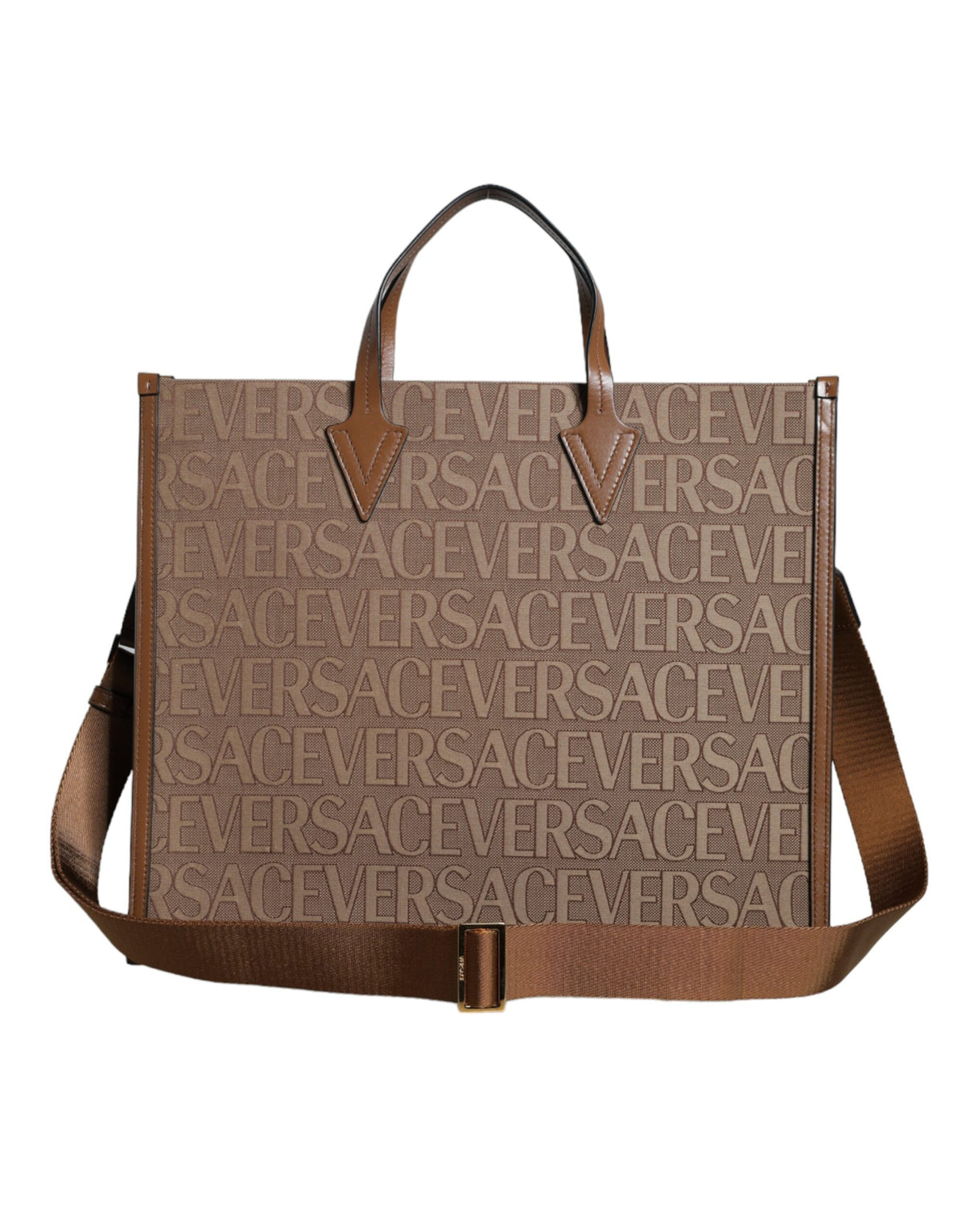 Versace Brown Top Handle Jacquard Leather Logo Crossbody Tote Bag - view 2