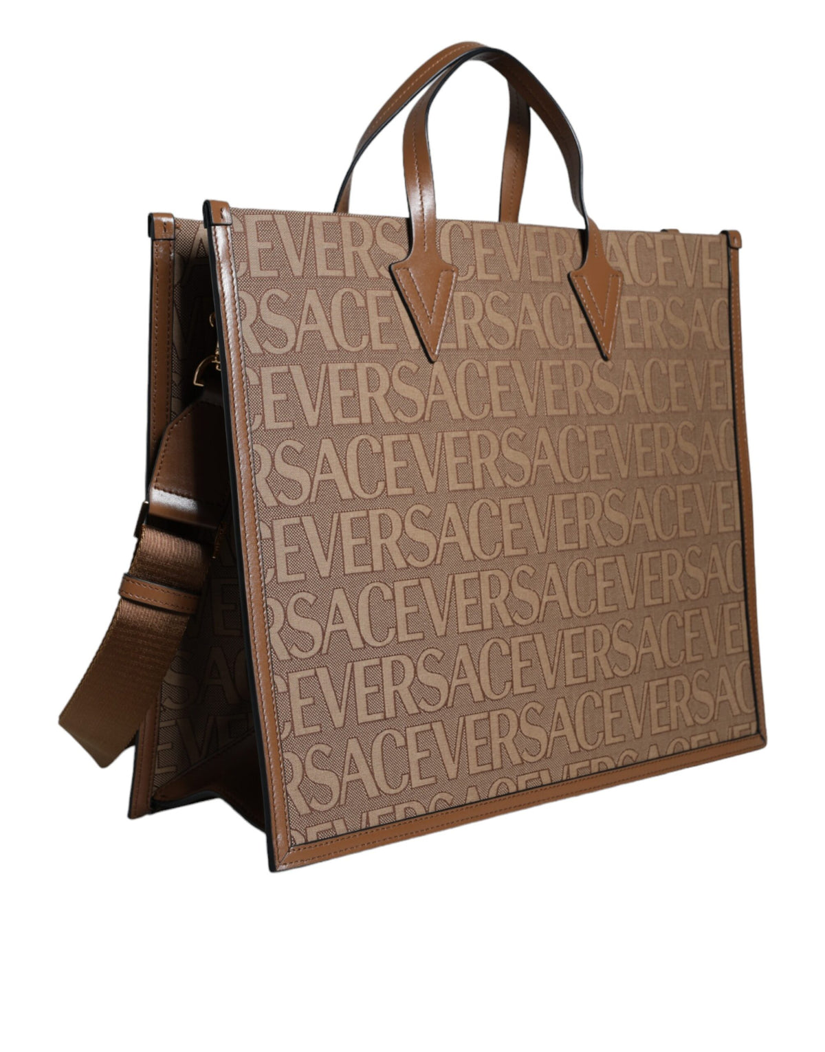 Versace Brown Top Handle Jacquard Leather Logo Crossbody Tote Bag - view 4