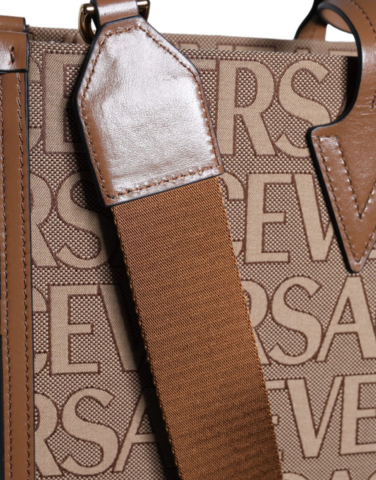 Versace Brown Top Handle Jacquard Leather Logo Crossbody Tote Bag - view 5