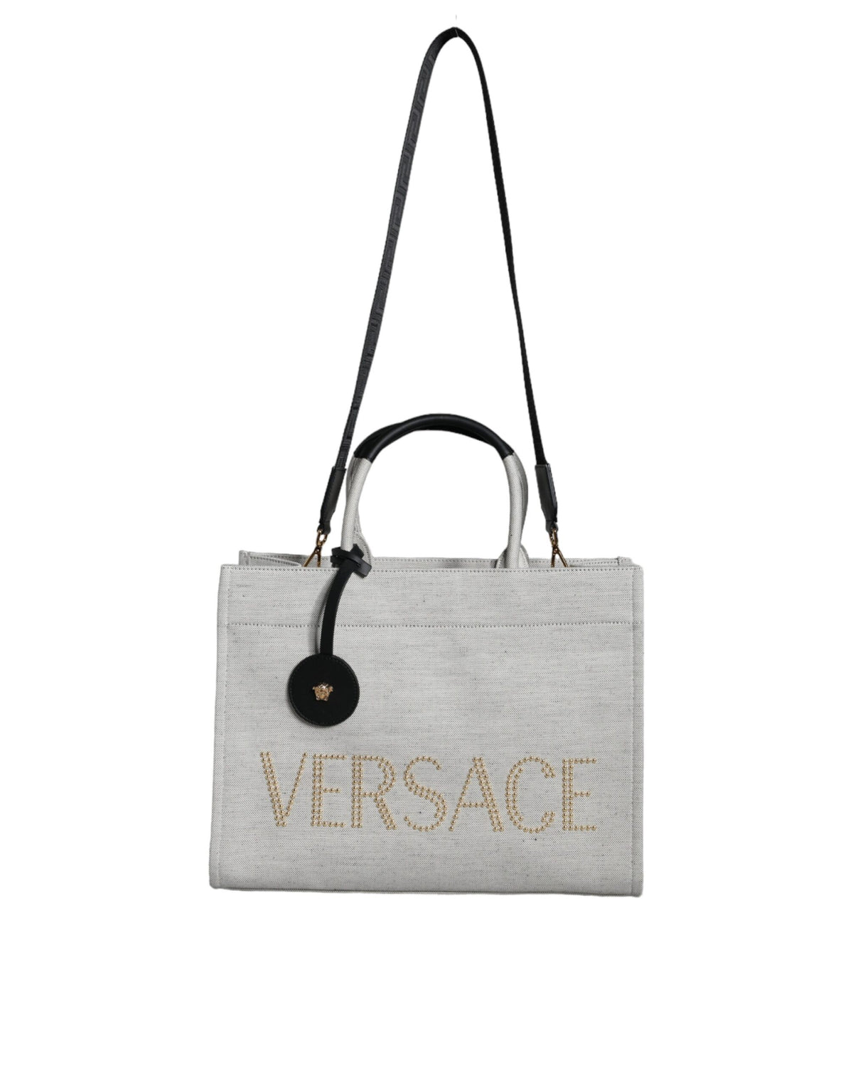 Versace White Top Handle Canvas Leather Logo Crossbody Tote Bag - YSONA