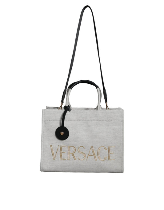 Versace White Top Handle Canvas Leather Logo Crossbody Tote Bag - YSONA