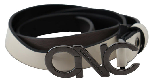 Costume National White Black Leather Letter Logo Buckle Belt - YSONA