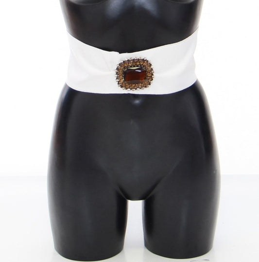 Dolce & Gabbana White Crystal Brass Wide Waist Runway Belt - YSONA