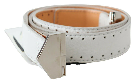 GF Ferre White Leather Hexagon Logo Buckle Waist Belt - YSONA